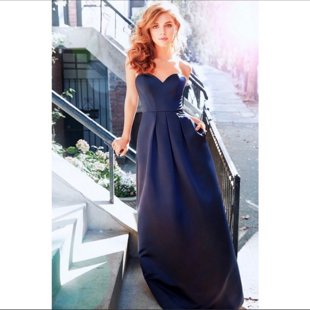 NWT Hayley Paige Navy Blue Satin bridesmaid dress ballgown size 8